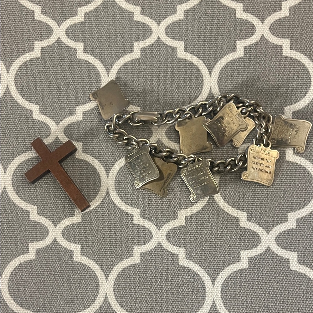 Silver Charm Bracelet (commandments) with Wooden Cross